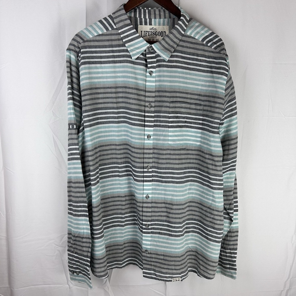 Life is Good Sunwashed Stripe Shirt Teal Gray Mens XL Long Sleeve‎ Button NWT